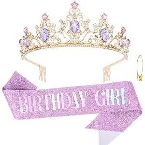 CURASA Purple Birthday Girl Sash and Crown Purple and Gold Birthday Tiara | Purple and Gold Birthday Tiara and Sash for Party