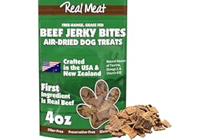 TRMC Real Meat Dog Treats - 4oz Bag of Bite-Sized Air-Dried Beef Jerky for Dogs - Grain-Free Jerky Dog Treats Made up of 95% Human-Grade, Free-Range, Grass Fed Beef - All-Natural High Protein Dog Treats