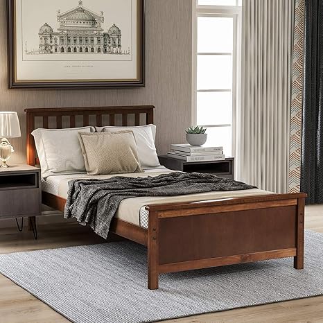 Amazon Com Twin Bed Frame Wood Platform Bed With Headboard And Footboard No Box Spring Needed Walnut Kitchen Dining