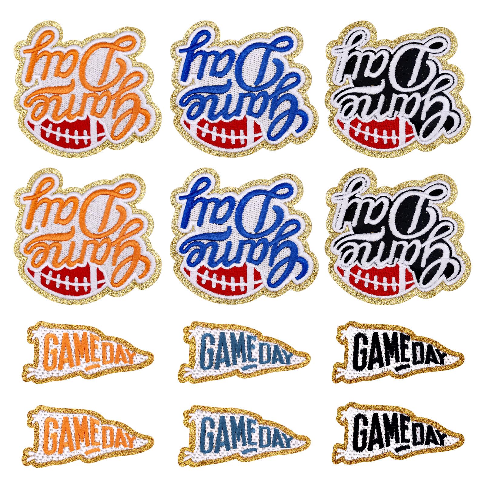 Photo 1 of 12pcs Game Day Patches, 2 Styles Polyester Thread Gold Edges Sports Iron On Patches Creative Embroidery Appliques for DIY Clothes Hats Pants Backpacks (3 Colors)