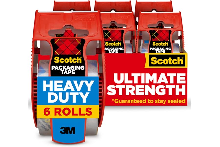 Scotch Heavy Duty Shipping Packing Tape, Clear, Packing Tape for Moving Boxes and Packaging Supplies, 1.88 in. x 22.2 yd., 6 Roll Dispensers, Moving Supplies