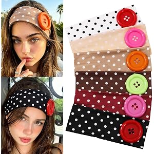 6 Pack Polka Dot Headbands for Women - Y2K Button Headband, Non Slip Elastic PolkaDot Hairbands with Button, Soft Fabric Hair