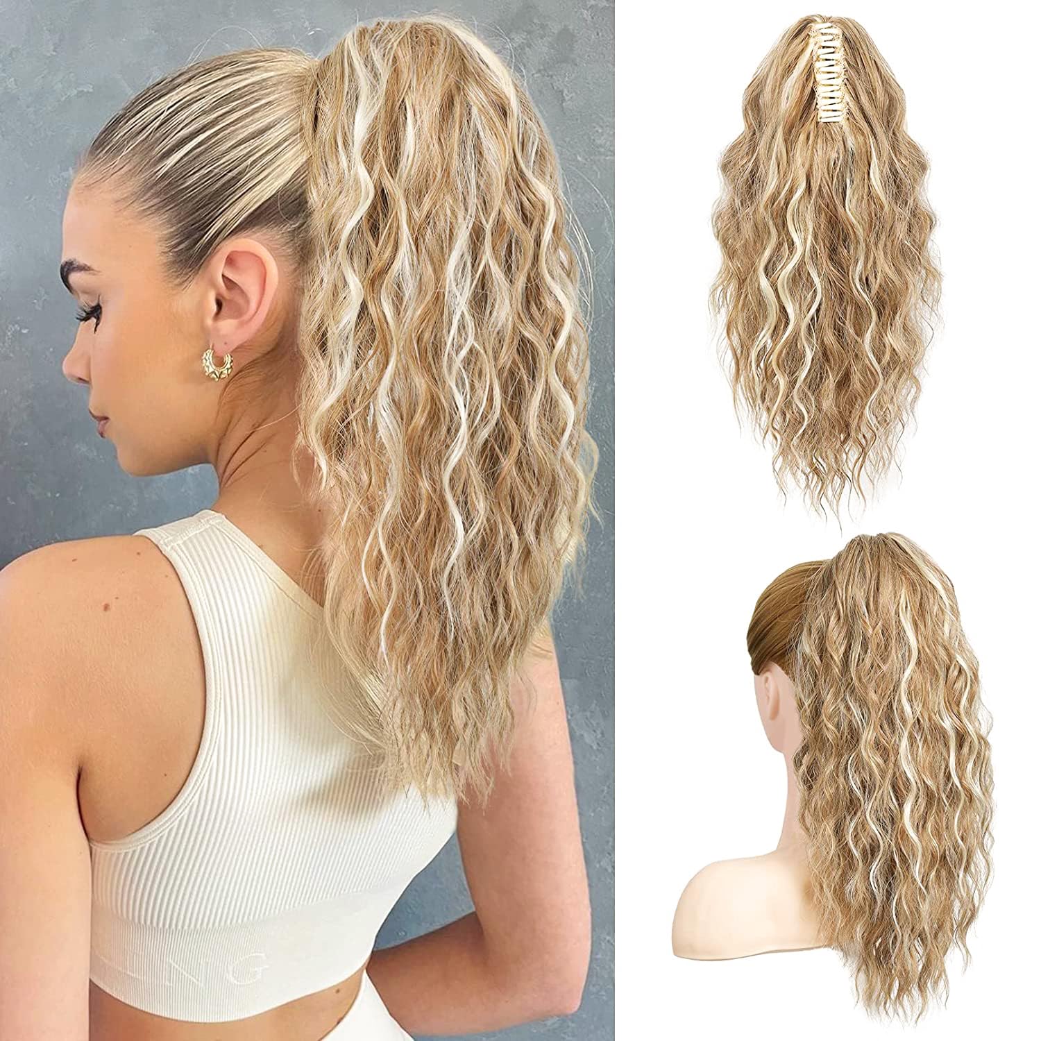 PORSMEER Ponytail Extension,Claw Clip Ponytail Hair Extensions Blonde Mix Light Brown Natural Looking Long Curly Wavy Multi Layered Fluffy Synthetic Hairpiece for Women Party Daily Wear 18inch โ image 1