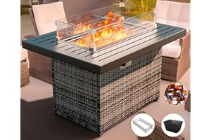 SUMELL 44 Inch Wicker Propane Fire Pit Table 55,000 BTU Rectangular Outdoor Gas Fire Pit Table with Glass Wind, Auto Ignition Systems, Fire Beads, Fire Table for Garden, Backyard, Party