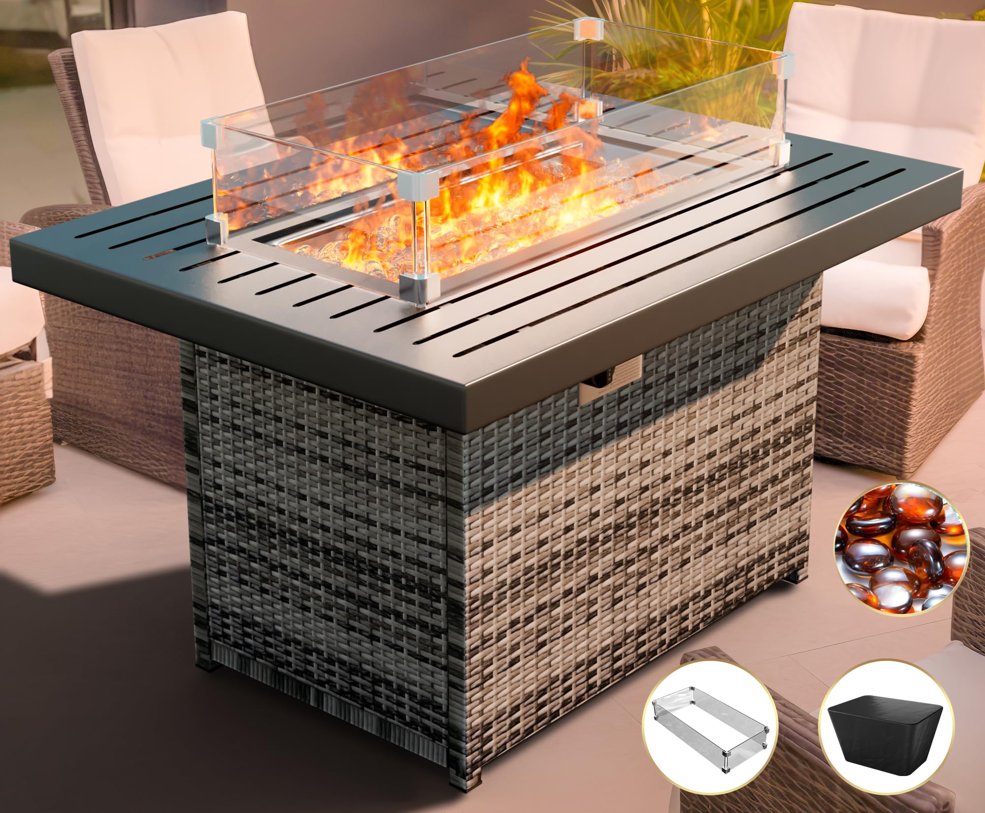 Photo 1 of SUMELL 44 Inch Wicker Propane Fire Pit Table 55,000 BTU Rectangular Outdoor Gas Fire Pit Table with Glass Wind, Auto Ignition Systems, Fire Beads, Fire Table for Garden, Backyard, Party