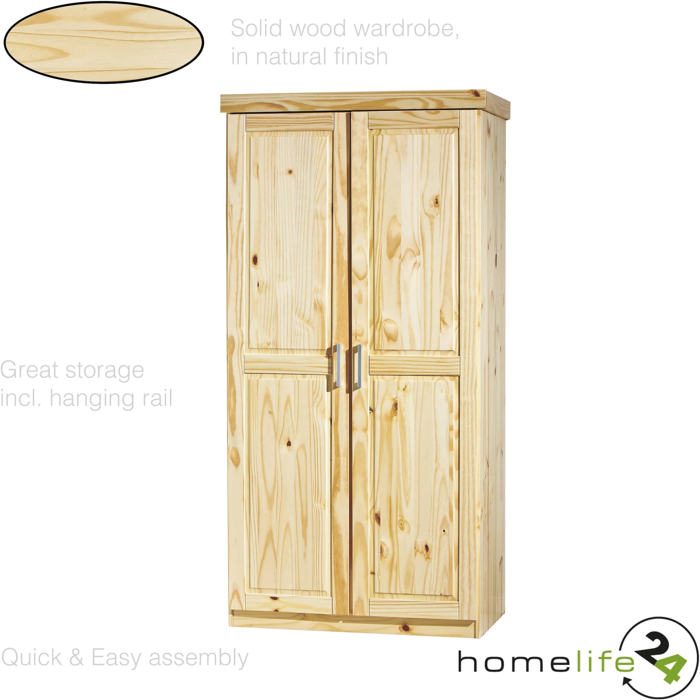 H24living Wardrobe, Cabinet for clothes, 2 doors, 1 shelf, hanger, Bedroom, solid pine wood, natural finish