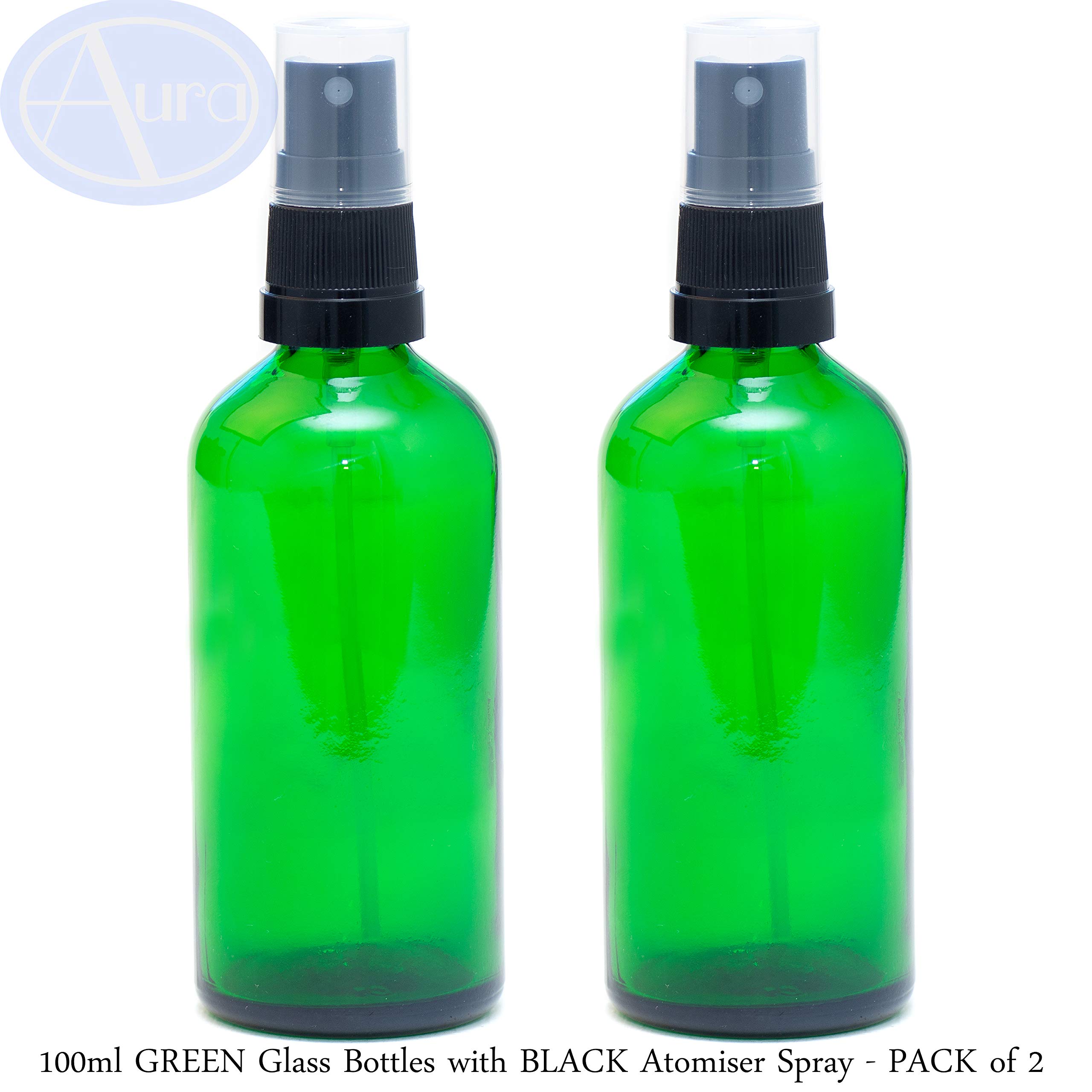 Aura 100ml GREEN Glass Bottles with Black ATOMISER Sprays - PACK of 2
