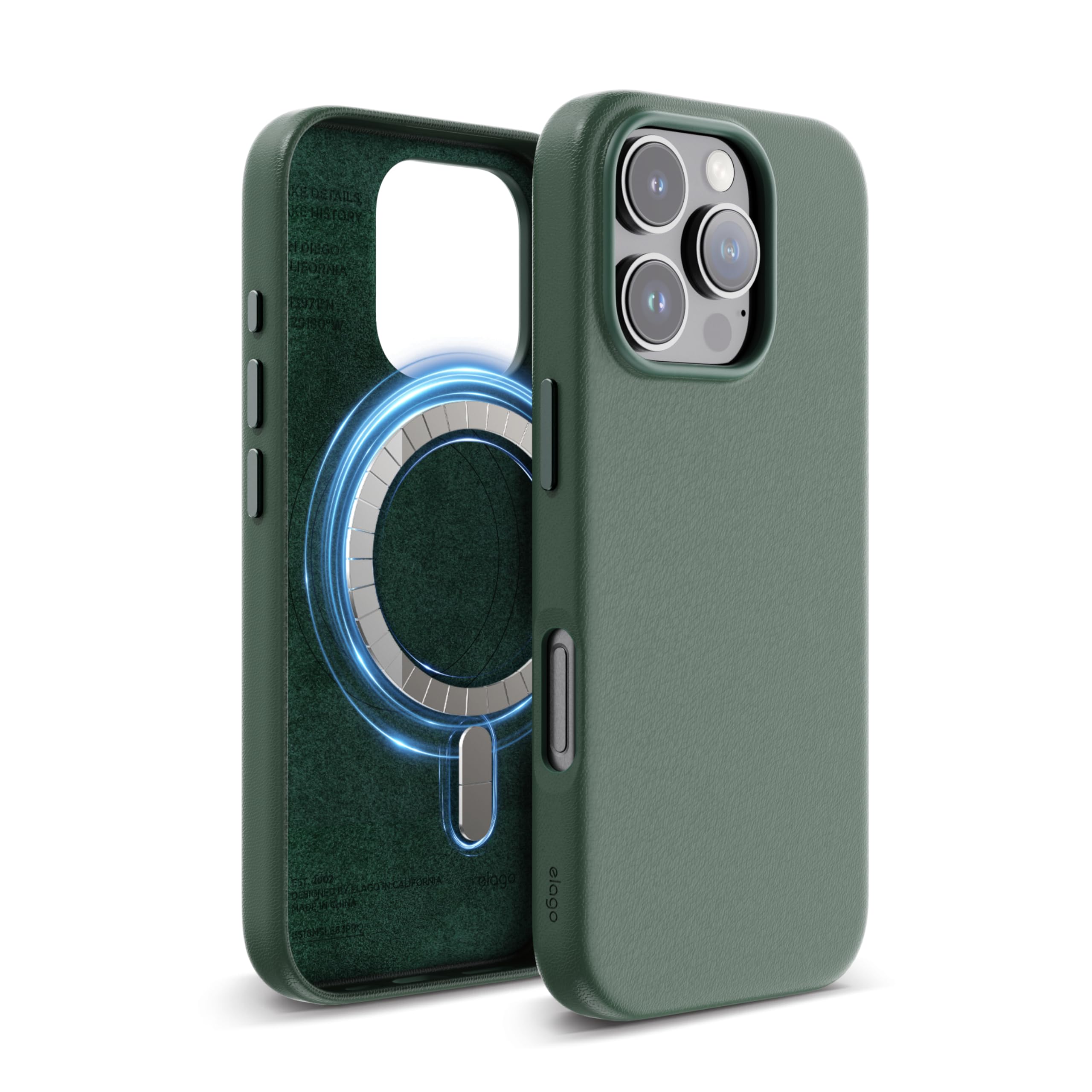 elago Magnetic Leather Case Compatible with iPhone 16 Pro Case, Compatible with All MagSafe Accessories, 6.3 inch - Built-in Magnets, Vegan Leather, Shockproof, Water-Resistant (Midnight Green)