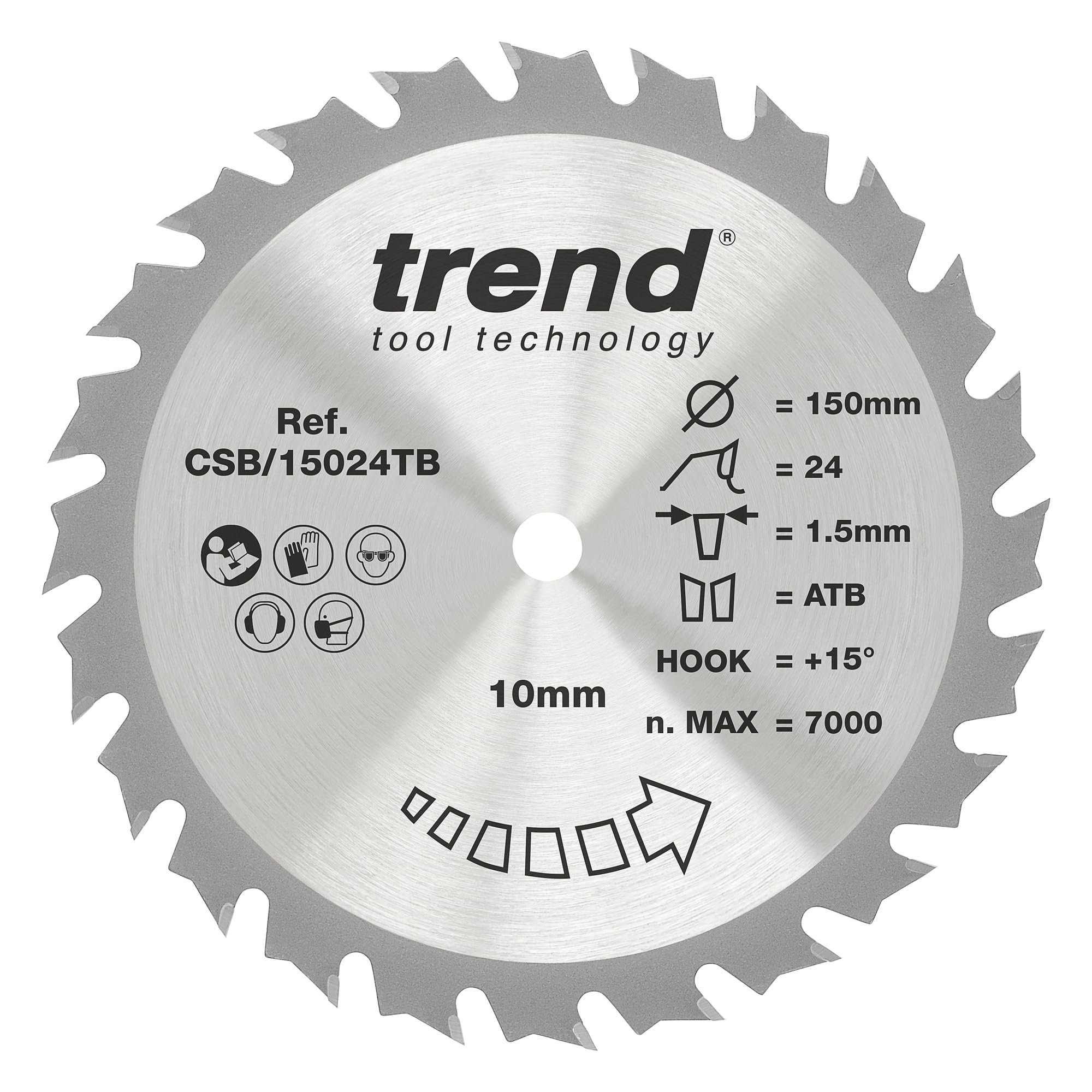 Trend Wood Cordless Circular Saw Blade, 150mm Diameter, 10mm Bore, 24 Teeth, 1.5mm Kerf, +15° Hook, TCT, Medium Finish, CSB/15024TB