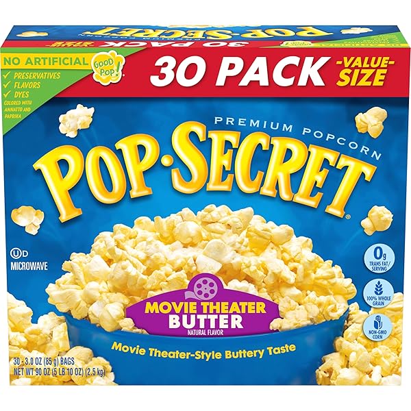 POP SECRET MICROWAVE POPCORN, MOVIE THEATER BUTTER FLAVOR, 3 OZ SHARING BAGS, 30 CT