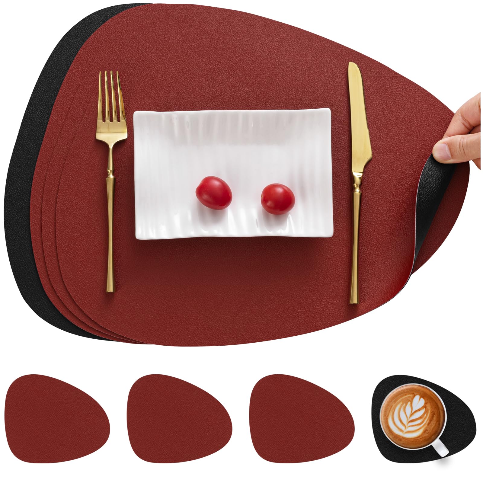 Myir JUN Leather Table Mats and Coasters, Placemat Round PU Waterproof Dual-Sided Kitchen Place Mats Coffee Mats Non-Slip Washable Placemats and Coaster Sets 4 (Set of 4, Red Black)