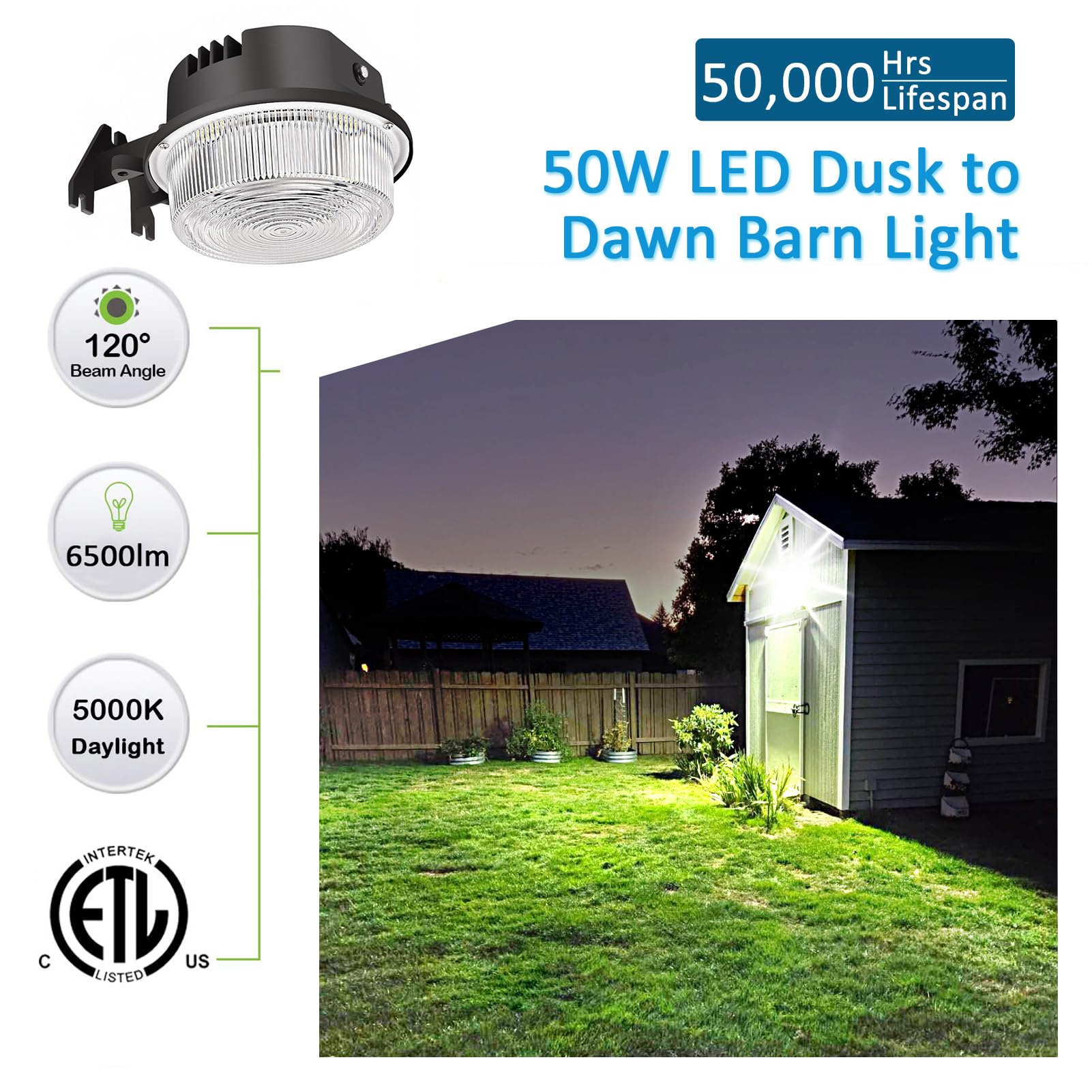 SZGMJIA LED Barn Light 50W, Dusk to Dawn Outdoor Yard Light with Photocell Ultra Brightness 5000K Daylight 7500lm, 500W MH/HPS Replacement, AC100-277V IP65 Waterproof for Farmhouse Area