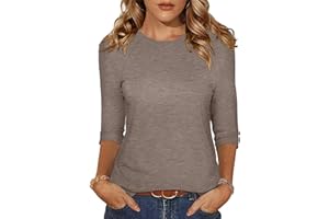 Womens 3/4 Sleeve Shirts Round Neck Tunic Tops Solid Color Casual Blouses Basic Tees Fall Clothes
