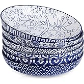Selamica Porcelain 26 Ounce Pasta Bowls Set of 6, 8 inch Wide and Shallow Salad Bowls, Serving Bowls, Microwave & Dishwasher Safe, Sturdy & Stackable, Vintage Blue