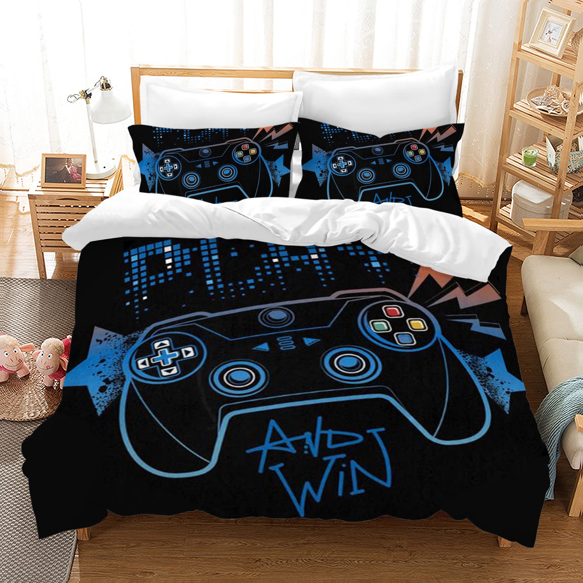 PQCXXA Gamepad Duvet Cover Single Microfiber Bedding Set, Kids Video Game Duvet Cover,Modern Gamer Gaming Controller Bedding Set for Boys Youth Teens Bedroom Decor (Black-blue, Single)
