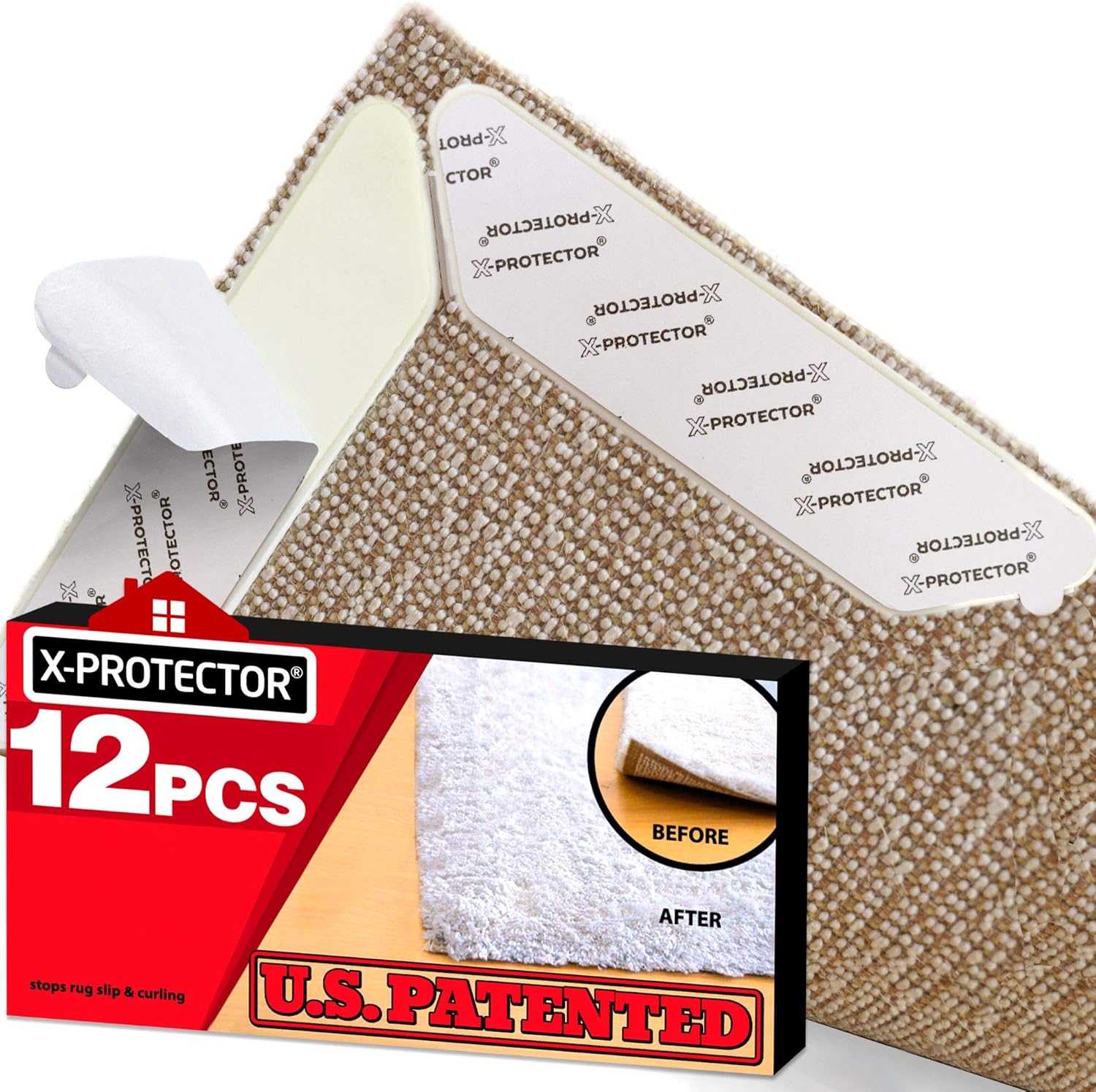 Rug Grippers X-PROTECTOR – Best 12 pcs Anti Curling Rug Gripper. Keeps Your Rug in Place & Makes Corners Flat. Premium Carpet Gripper with Renewable Gripper Tape –Ideal Anti Slip Rug Pad for Your Rugs - - 