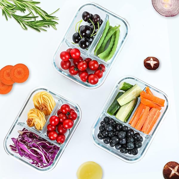 M MCIRCO [5-PACK, 36 OZ] GLASS MEAL PREP CONTAINERS 3 COMPARTMENT WITH LIDS, GLASS LUNCH CONTAINERS,FOOD PREP LUNCH BOX,BENTO BOX,MICROWAVE, OVEN, FREEZER, DISHWASHER (4.5 CUPS)
