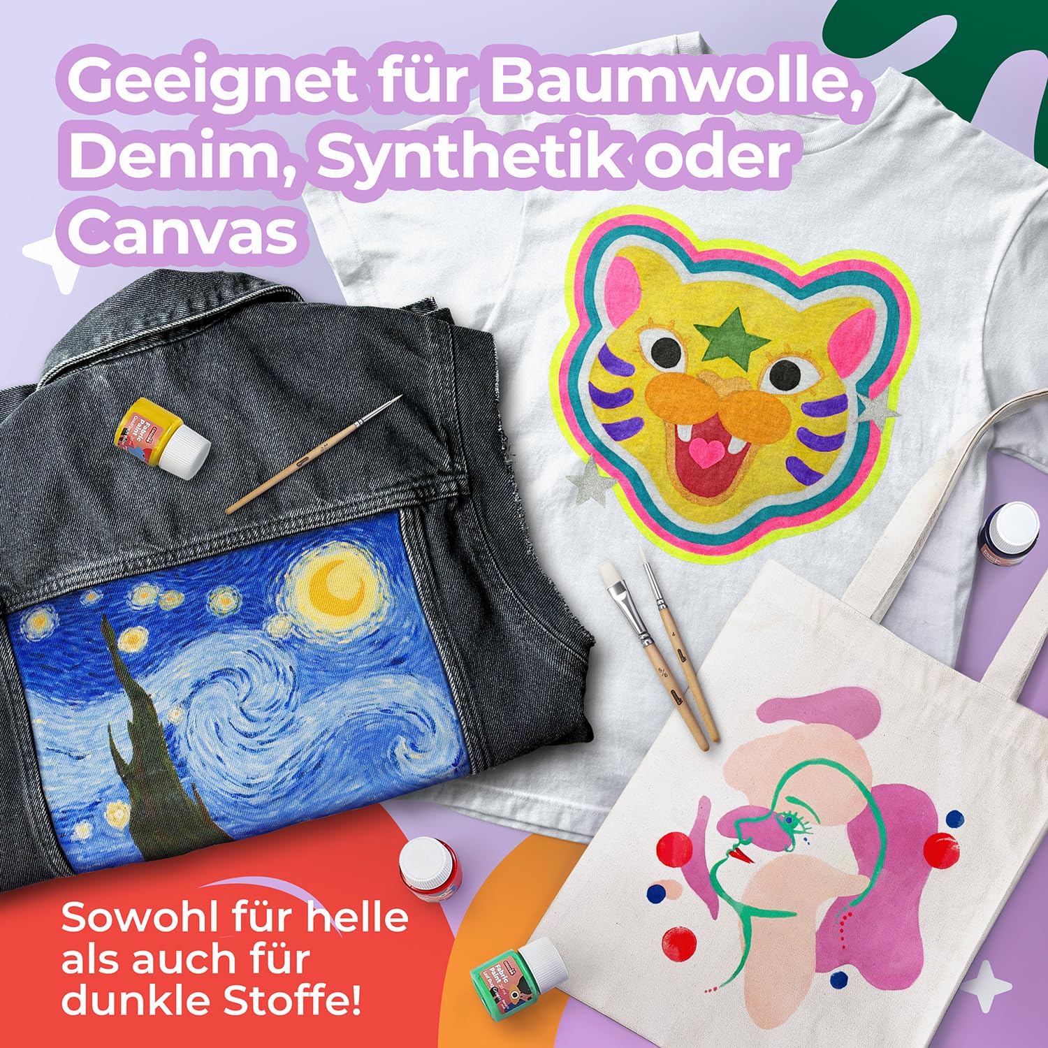 colozoo Textilfarbe Waschmaschinenfest 14x20ml | Waschfestes Set inkl. Gold, Silber, 2 Neonfarben & 3 Pinsel | Zum Malen auf dunklen und hellen Stoffen 2