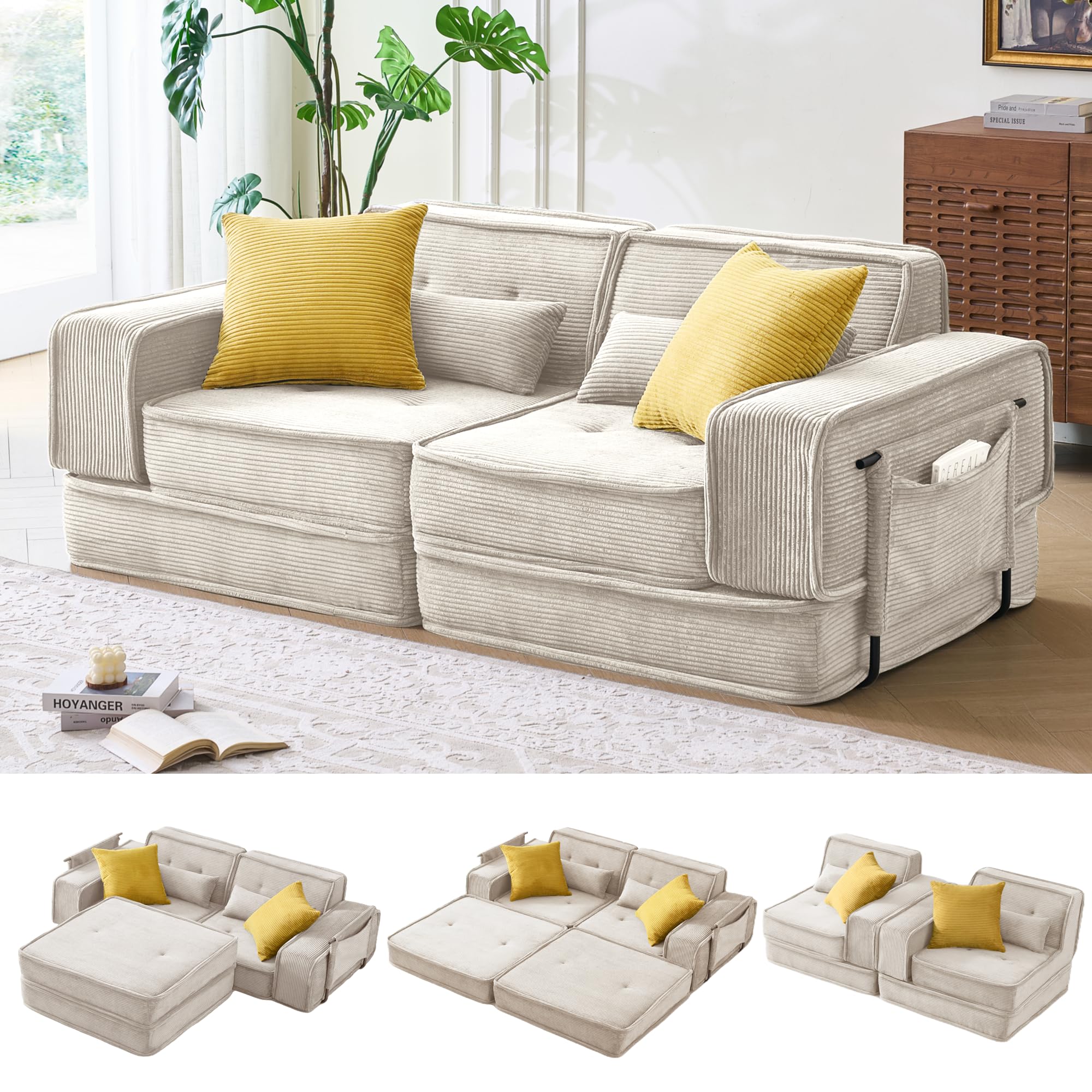 Photo 1 of Buddycomfy Modular Sofa Bed, No Assembly Required Sectional Couch for Living Room, Compressed Cloud Couch with Corduroy Fabric & Lumbar Pillows, Small Space Furniture Beige