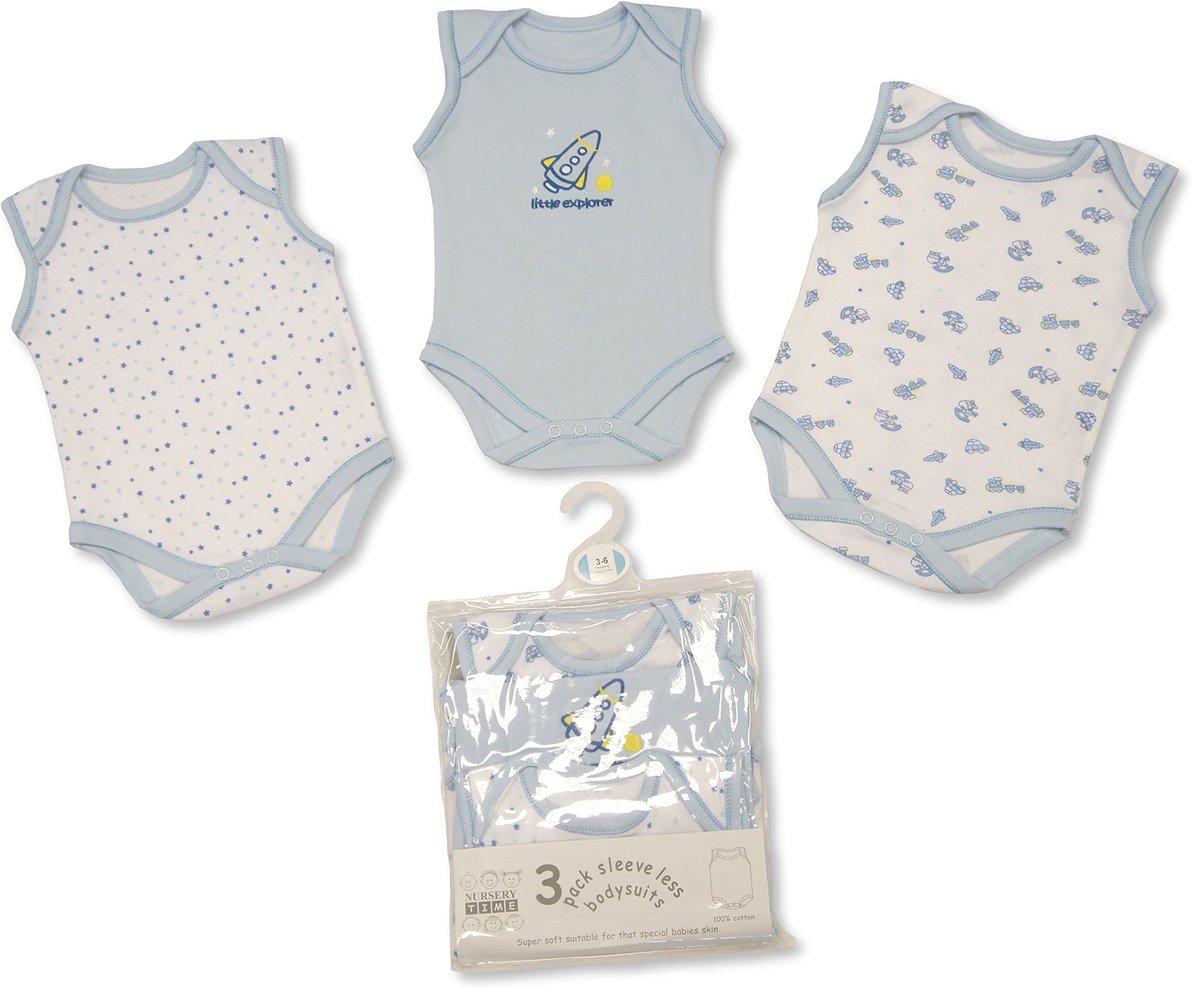 Baby Boys 3 Pack Sleeveless Env Neck Cotton Bodysuit Body Vest , 6-9 months, Sky Blue
