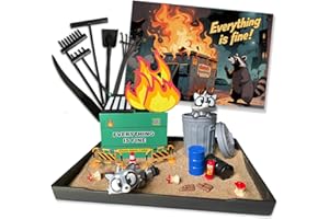 Threeheng Dumpster Fire Zen Garden Desk Set - Trash Can & Raccoon Figurines Sand Tray Therapy Kit, Stress Relief Accessories for Office Gifts