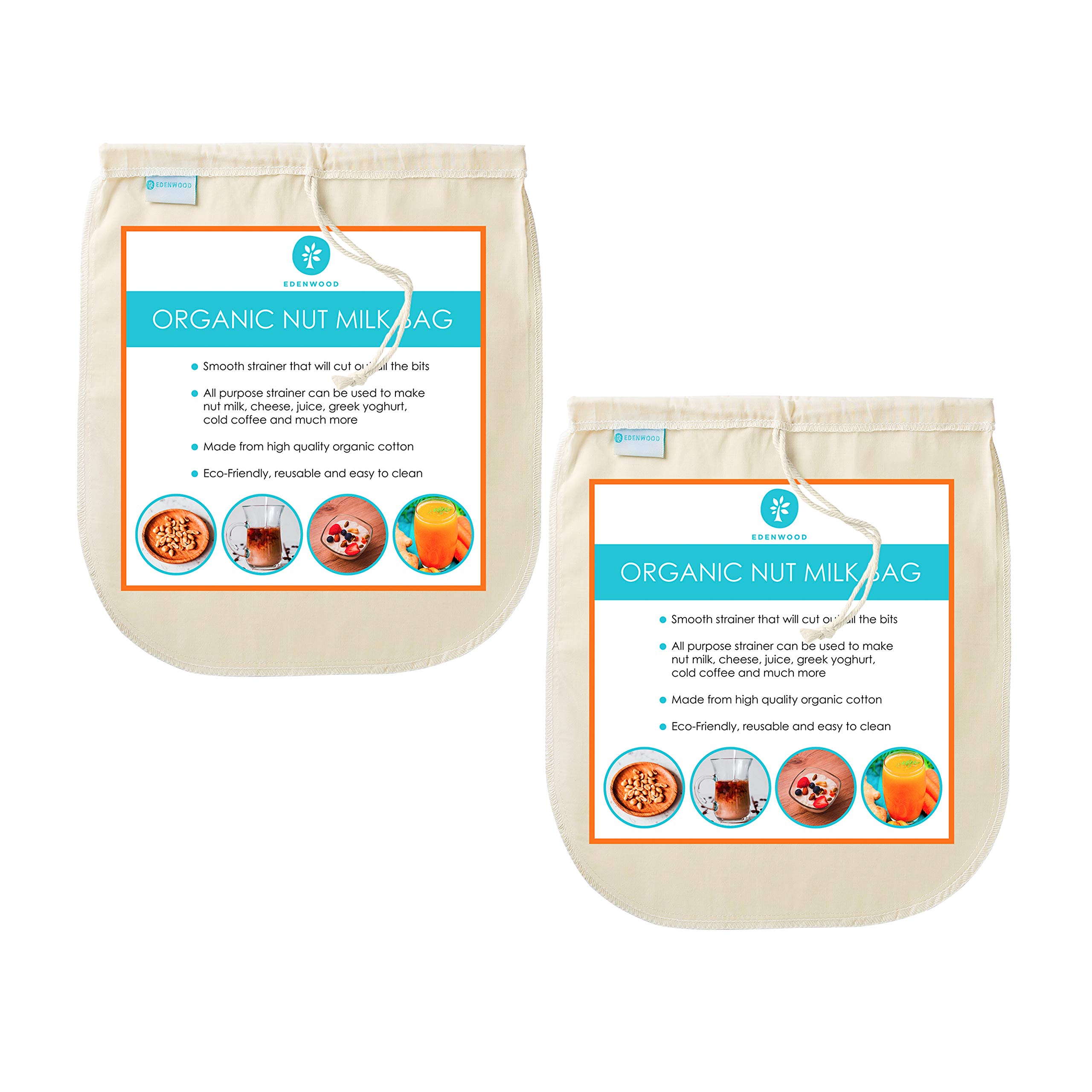 Nut Milk Bag Strainer, 100% Organic Cotton Fabric Cheesecloth for Straining, Filter for Nut Milk, Greek Yoghurt, Juice, Smoothies, Jam, Cold Coffee, 10" x 12" Straining Bag - Edenwood - Pack of 2