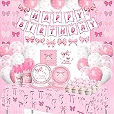 DMIGHT 206PCS Pink Bow Birthday Party Supplies Serve 24, Coquette Birthday Decorations Includes Bow Banner Garland, Hanging Swirls, Backdrops,Tablecloth, Plates for Girls Bachelorette Party Decor