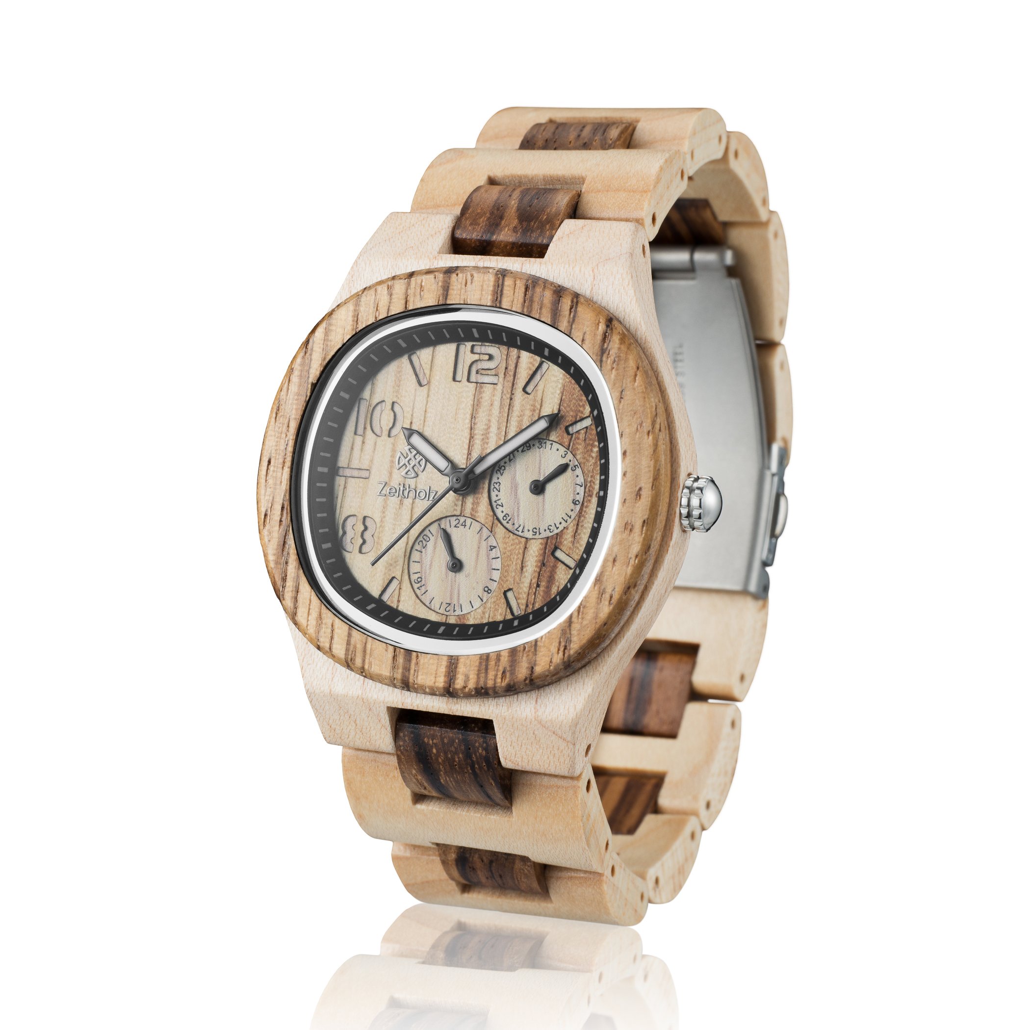 Zeitholz Wooden Watch for Men - Tannenberg Model, Handcrafted from 100% Natural Zebrawood with Quartz Movement - Lightweight Analog Wood Grain Watch for Him - Adjustable Band Fits Any Wrist