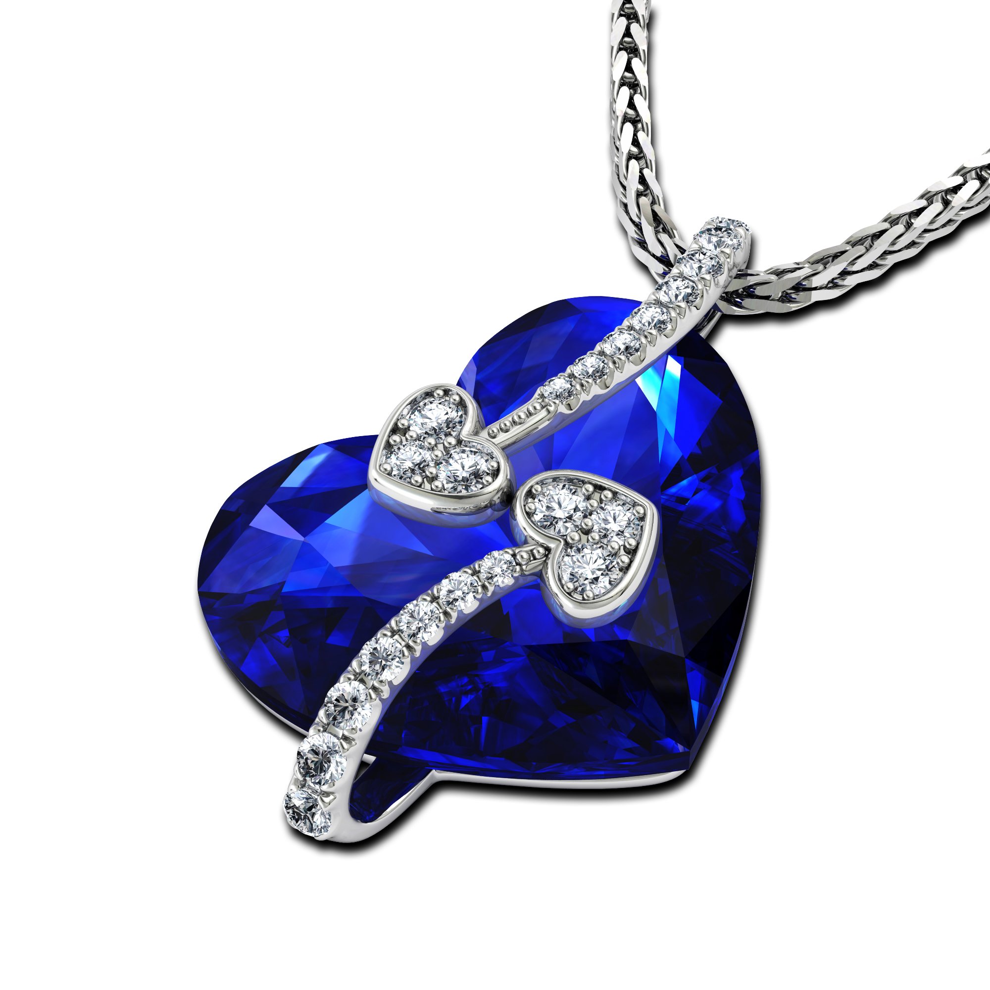DEPHINI - Heart Necklace - 925 sterling silver Double Hearts Pendant - Cubic Zirconia - Jewellery for Women (Big blue) — image 1