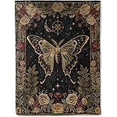 ainori Gothic Moth and Rose Flannel Blanket - Mystical with Lunar Moon Vintage Throw - Lightweight Soft Cozy Gifts Blankets for Kids Adults & Nature Lovers,Modern Goth Decor,Home Room Accent 50x60in