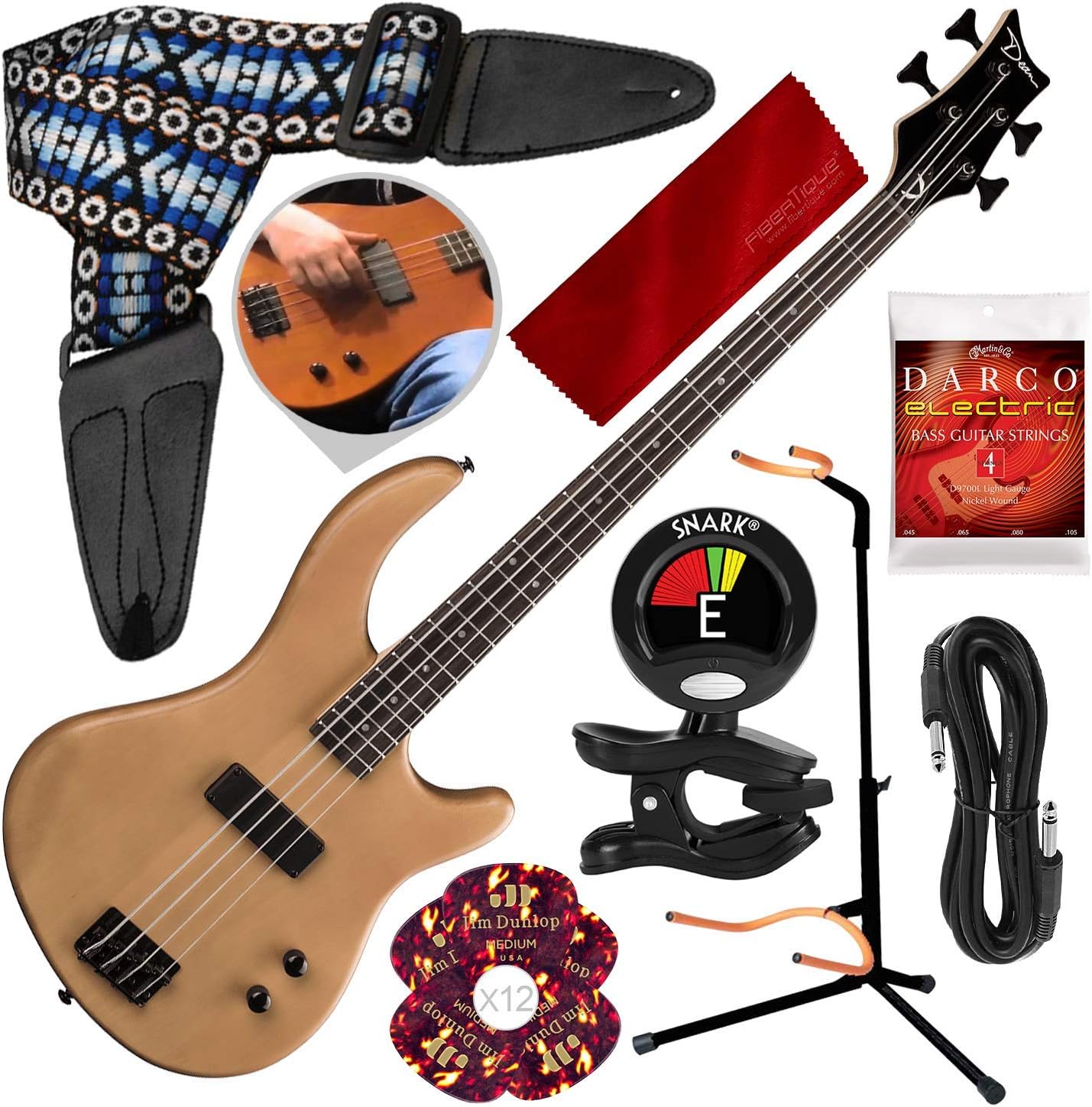 Dean E09M Edge 09 Mahogany Electric Bass Guitar, Satin Natural with Guitar Stand, Clip-on Tuner, strings, & Complete Accessory Bundle