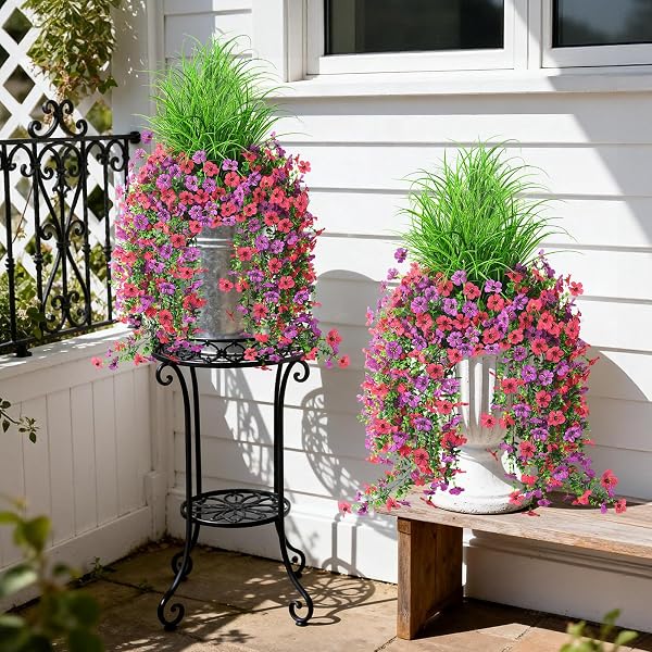 ARTIFICIAL HANGING FLOWERS FOR OUTDOORS WITH WHEAT GRASS, 5 PCS FAKE HANGING PLANTS FOR SPRING DECOR, UV RESISTANT FAUX SILK FLOWER GREENRY FOR PLANTER PORCH PATIO YARD GARDEN(PURPLE HOT PINK)