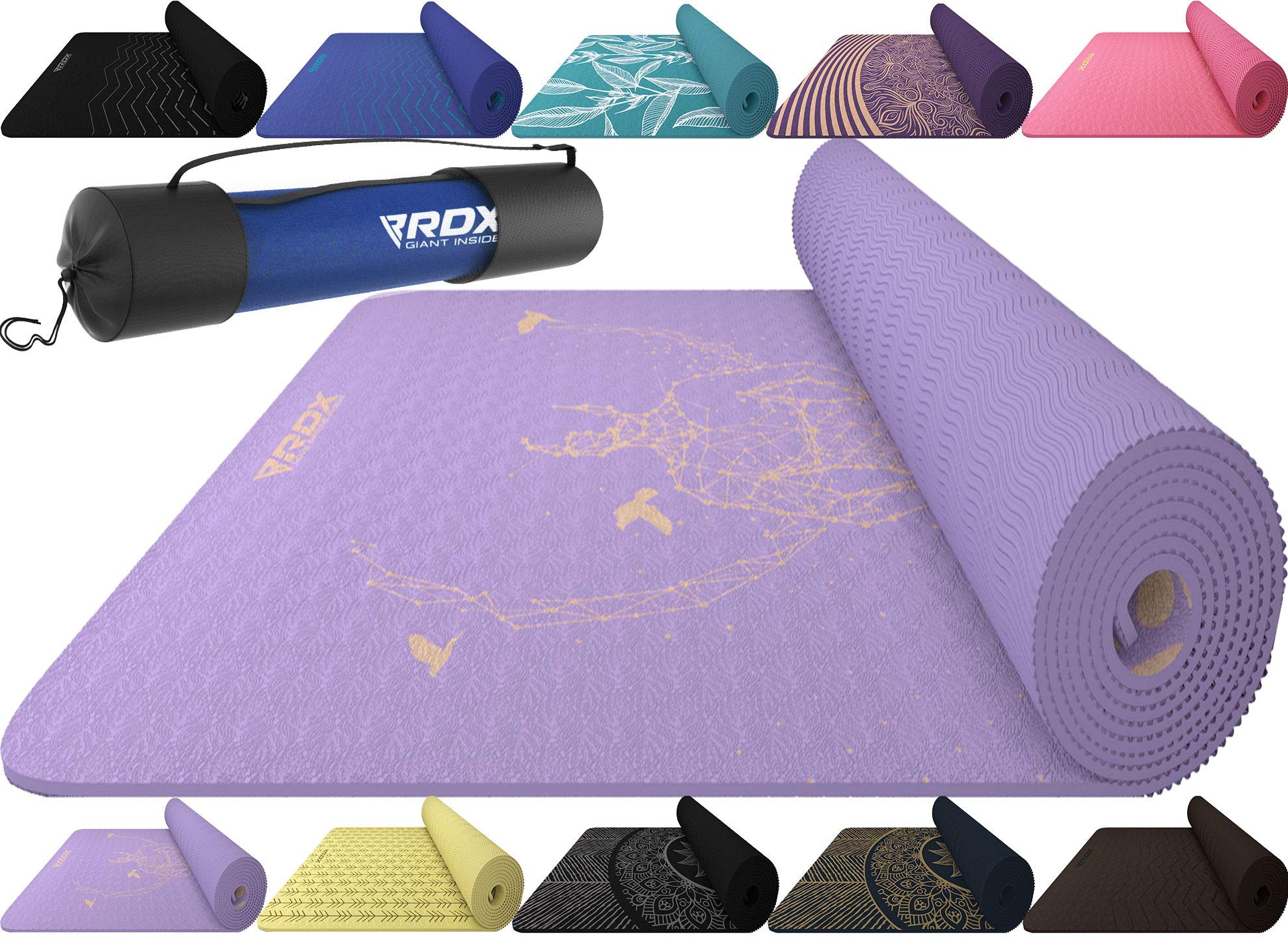 RDX Yoga Mat TPE 6mm Thick with Straps and Carry bag, REACH ROHS Compliant, 6P Latex Free Eco Friendly Non Slip Mats for Men Women, Home Gym Fitness Workout Exercise Pilates Aerobic Planks, 183 X 61CM