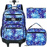 ZLYERT 3Pcs Rolling Backpack for Girls Women, Travel Roller Backpacks with Wheels for Adults, Teens College Love Polka Dots Wheeled Bookbag with Lunch Box(Blue)