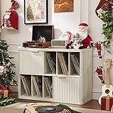 LEYAOYAO Large Record Player Stand with Vinyl Storage Up to 450 Albums, Wood Fluted Record Storage Accent Cabinet, Modern Ste