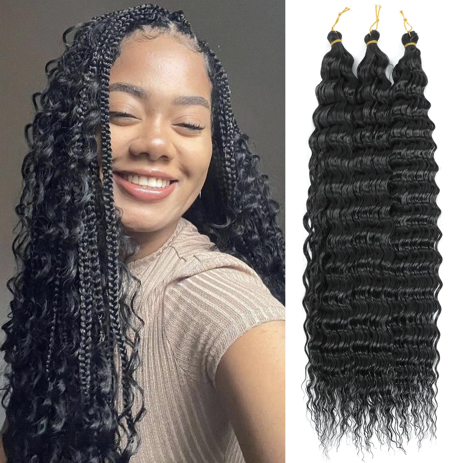 MLETULIPS Crochet Hair Extensions Wavy Soft Synthetic Braiding Hair for Black Women (1B, 18 inch (Pack of 3)) โ image 1