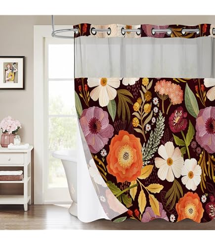 Yanutan No-Hook Bohemian Shower Curtain - Black Leaves Print, Double Layer With Snap-in Liner & Weights, 71x74 Inches