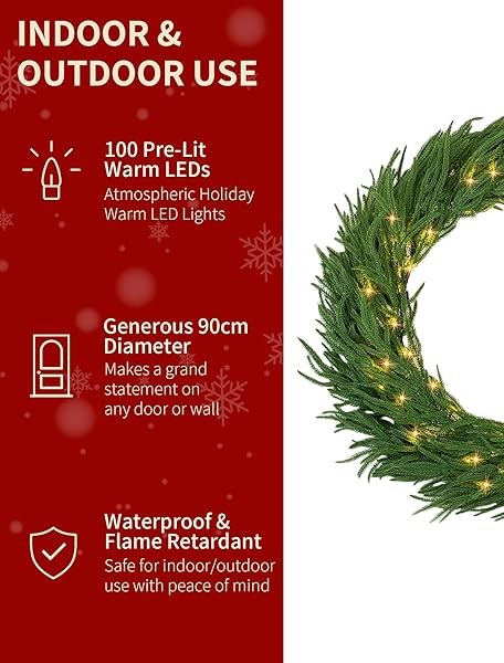 NUPTIO LARGE CHRISTMAS WREATH WITH LIGHTS: 36 INCH PRELIT REAL TOUCH NORFOLK PINE WREATHS WITH HOOK FOR OUTDOOR FRONT DOOR – REALISTIC XMAS DECORATIONS 100 LED 8-MODE WITH REMOTE TIMER FOR HOLIDAY