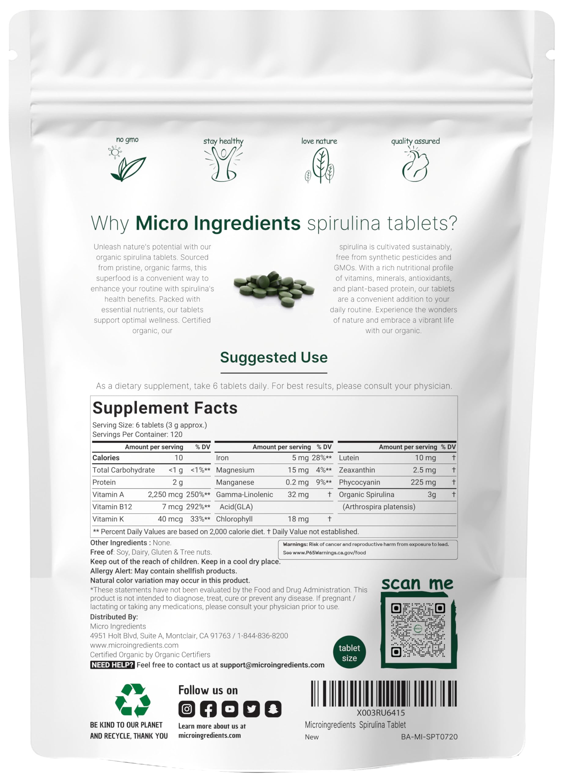 Micro Ingredients Organic Spirulina Supplement, 3000MG Per Serving, 720 Tablets (4 Month Supply), No Filler & Non-GMO, Rich in Vegan Protein, Vitamins & Prebiotics, Premium Spirulina Pills