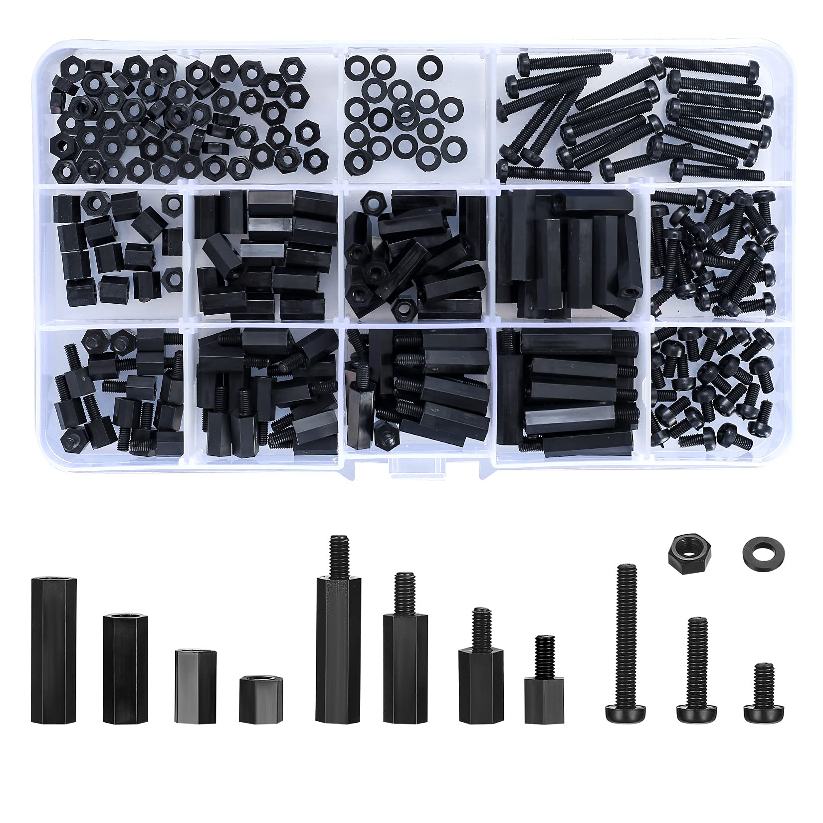 Ewwtrey 260 Pcs M3 Male Female Nylon Hex Spacer Standoffs Screws Nuts, Nylon Hex Threaded Pillar Spacer Standoffs Screws Nuts Assortment Kit for Circuit Board PCB Motherboard (Black M3) — image 1