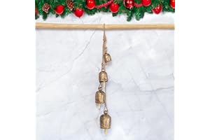 LIMBAD Handmade Iron Bell Hanging Chime Brass Finish Wall Rope 4 Bells Cluster Wall Hanging Décor Bells, 25 Inch Long Hanging Bell Set - for Wreaths, Outdoor, Indoor, Christmas (Remembrance)