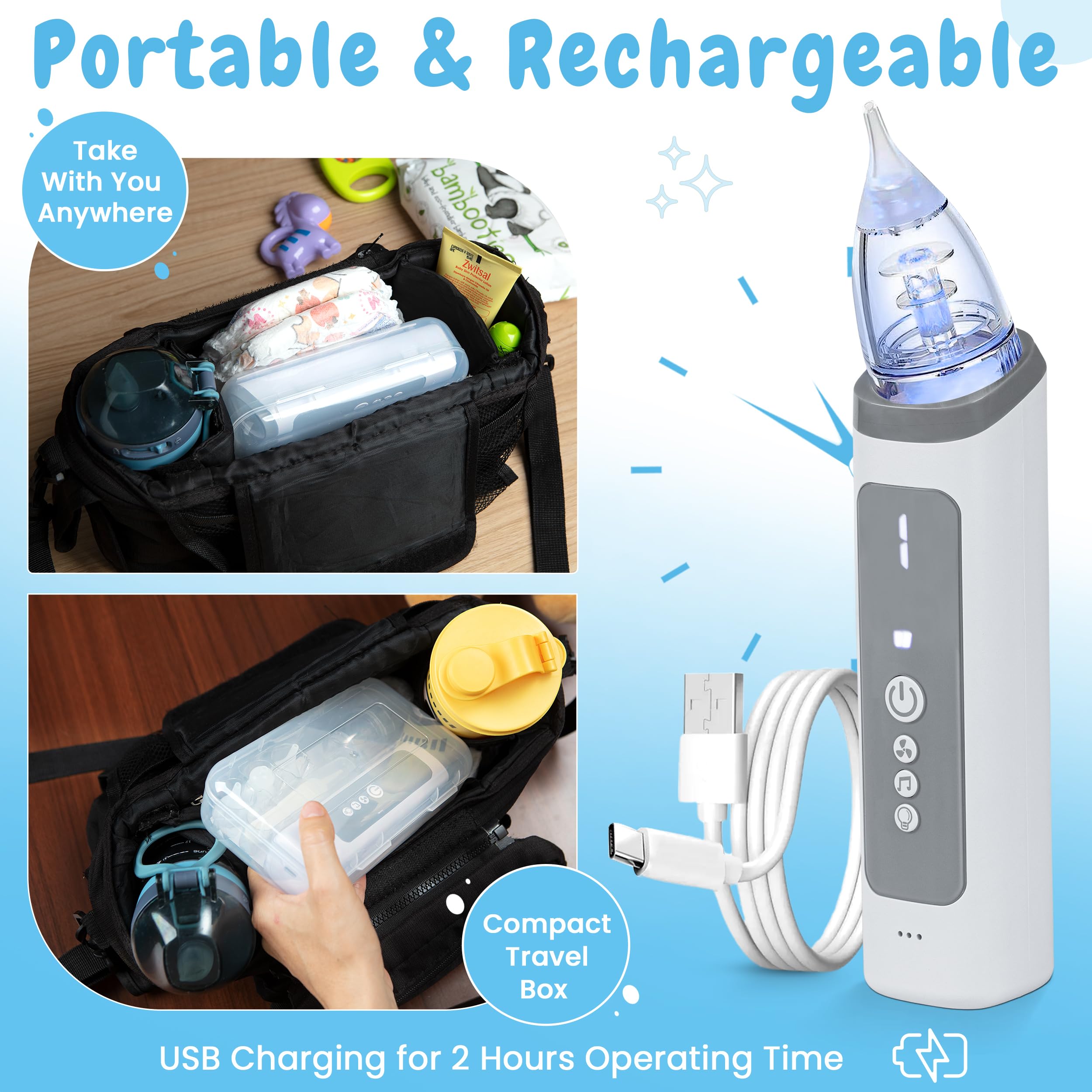 Electric Nasal Aspirator for Baby – Baby Nose Sucker with Adjustable Suction, Music & Light – Portable Nose Cleaner with Soft Silicone Tips for Infant Congestion Relief – USB Rechargeable
