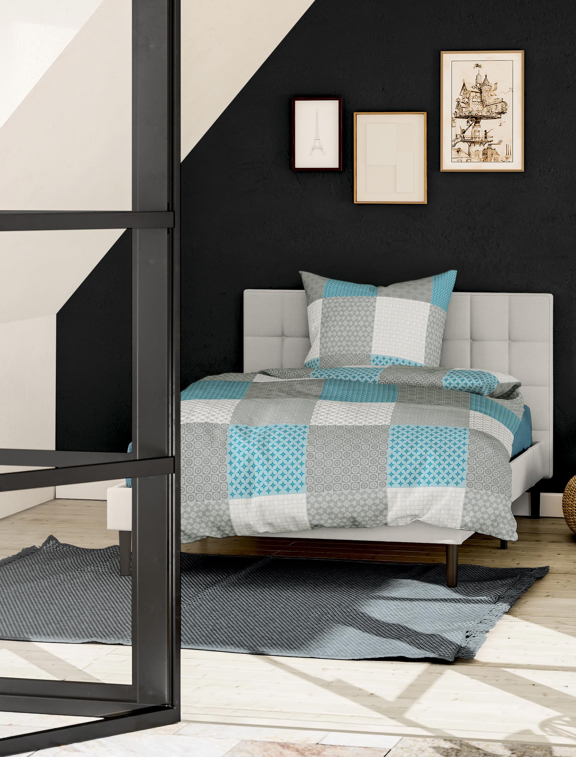 Bierbaum Flannelette Bed Linen, Designed in Germany, Turquoise, 135 x 200 cm + 80 x 80 cm