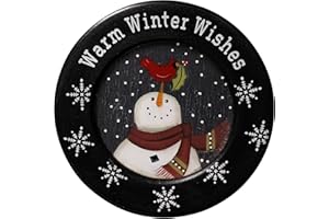 CVHOMEDECO. Snowman and Little Bird Decorative Plate Primitives Vintage Round Display Wooden Plate Home Décor Art, 9-3/4 Inch