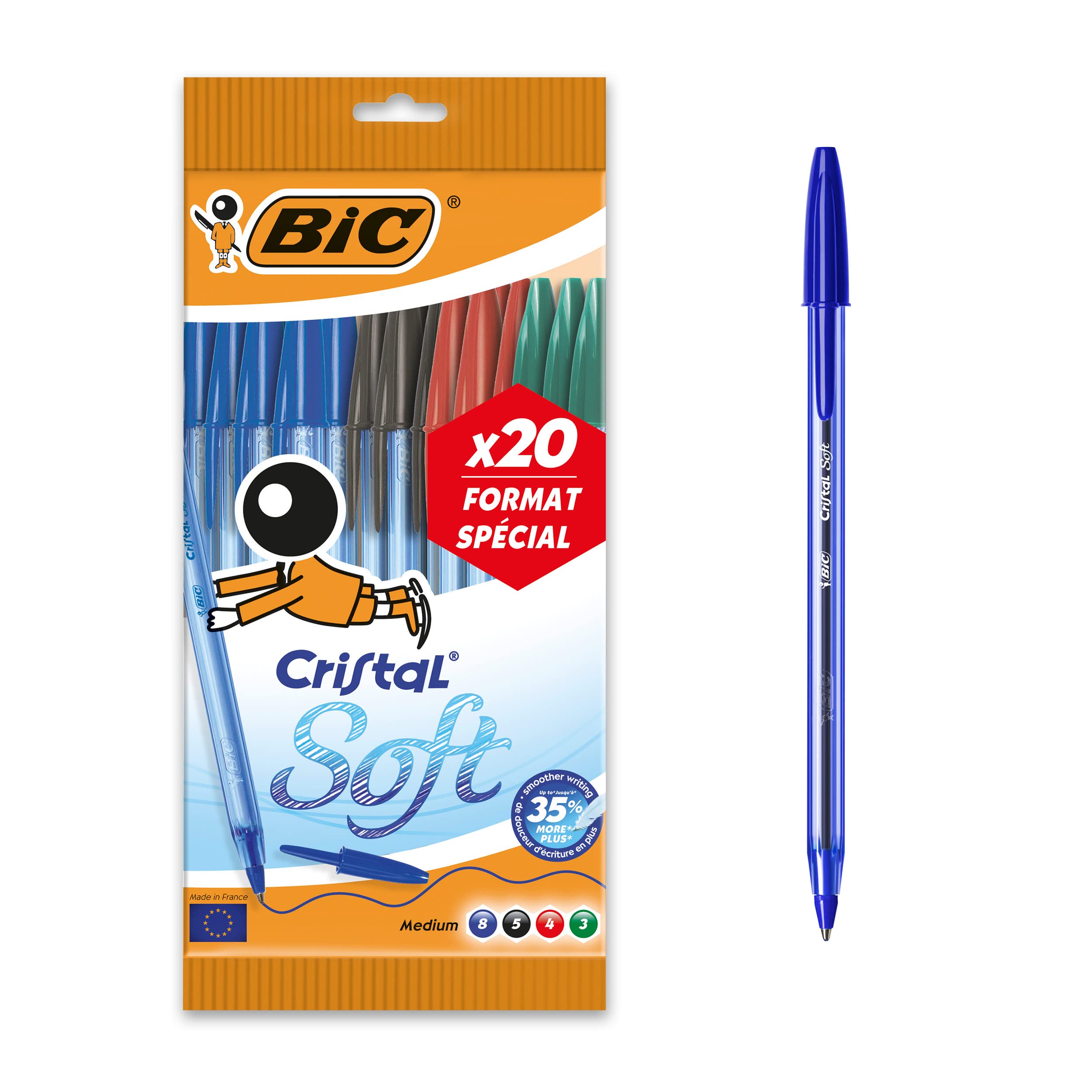 Bic Cristal Soft Ballpoint Pens Medium Tip (1.2 mm) Assorted Colours, Special Size Pack of 20