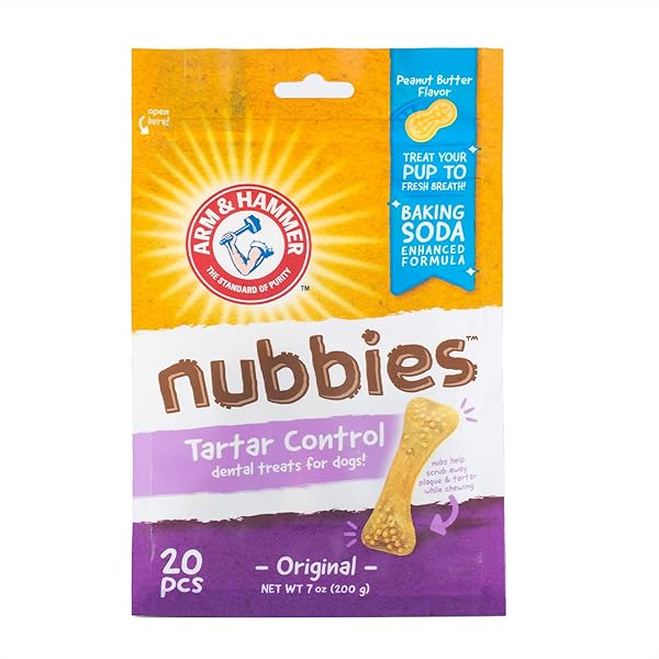 ARM & HAMMER FOR PETS NUBBIES DENTAL TREATS – BAKING SODA & CALCIUM DOG DENTAL CHEWS, NUBBED TEXTURE HELPS SCRUB PLAQUE & TARTAR WHILE CHEWING, PEANUT BUTTER FLAVOR, 20 COUNT, 7 OUNCE