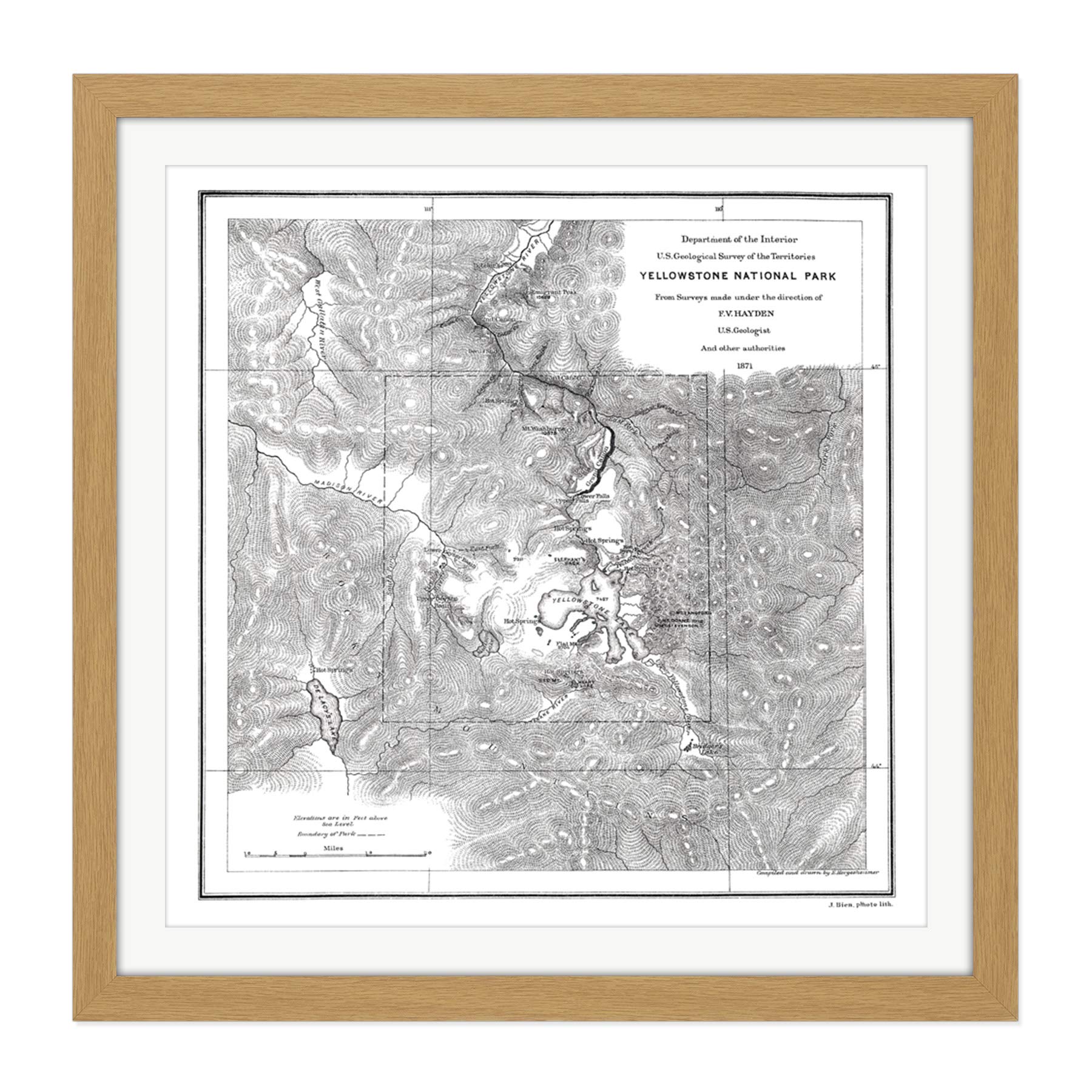 Hayden 1871 Yellowstone National Park USA Map Square Wooden Framed Wall Art Print Picture 16X16 Inch