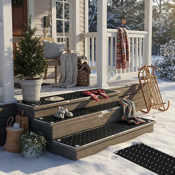 RIAKRUM 8 PCS HEATED SNOW MELTING MATS OUTDOOR, 10 X 30 IN WINTER ANTI-SLIP HEATED RUBBER MAT FOR WALKWAYS DECKS AND SIDEWALKS, ELECTRIC SNOW AND ICE MELTING PADS CONNECTION WITH 9.84 FT POWER CORD
