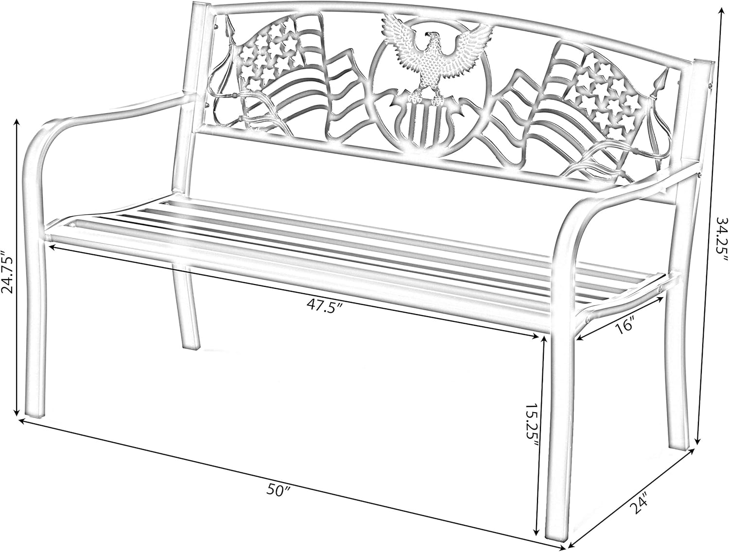 Gardenised Steel Outdoor Patio Garden Park Bench with Cast Iron American Flag Backrest, Black: Furniture & Decor