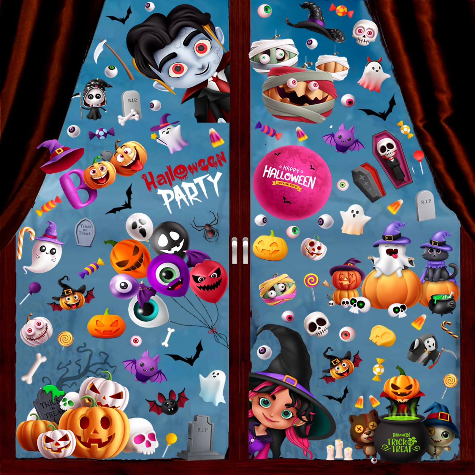 Spooky Halloween Window Clings Decals - 133 Pack Pumpkin Ghost Bat Decor Static Stickers - 8x10 Inch, Reusable & Waterproof for Glass (Fall Decorations)